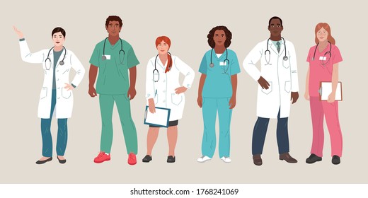 Medical people. Doctors and nurses portraits, team of doctors concept, medical office or laboratory. Modern flat vector concept digital vector illustration