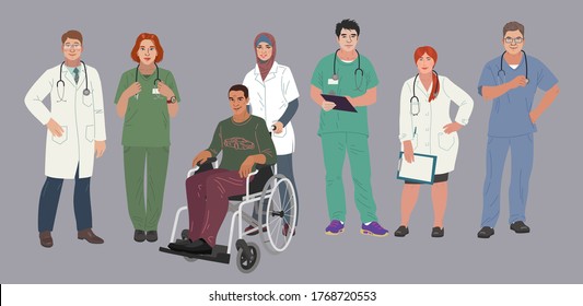 Medical people. Doctors and nurses portraits, team of doctors concept, medical office or laboratory. Muslim nurse is pushs a wheelchair. Modern flat vector concept digital vector illustration