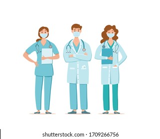 Medical people in face protection mask cartoon characters vector illustration. Doctors professional team for fighting the coronavirus. Stop the covid-19 healthcare concept with hospital workers.