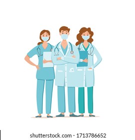 Medical people in face protection mask cartoon characters vector illustration. Doctors professional team for fighting the coronavirus. Stop the covid-19 healthcare concept with hospital workers.