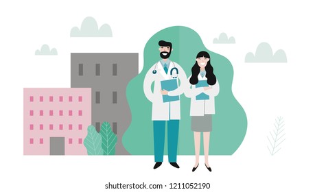 Medical people profession modern vector illustration. Doctor and hospital cartoon vector print.