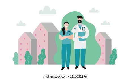 Medical people profession modern vector illustration. Doctor and hospital cartoon vector print.