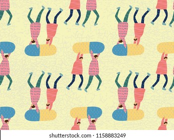 Medical people seamless pattern. Healthcare print. Eldery person with pills, syringe, needle, retort, bottle. Biology and first aid teacher.  Cartoon doodle characters of doctors and medical equipment