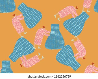 Medical people seamless pattern. Healthcare print. Eldery person with pills, syringe, needle, retort, bottle. Biology and first aid teacher.  Cartoon doodle characters of doctors and medical equipment