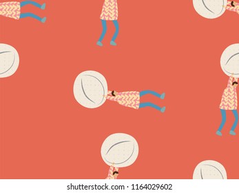 Medical people seamless pattern. Healthcare print. Eldery person with pills, syringe, needle, retort, bottle. Biology and first aid teacher.  Cartoon doodle characters of doctors and medical equipment