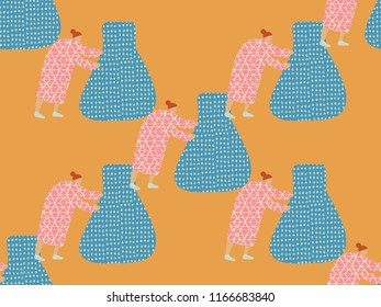 Medical people seamless pattern. Healthcare print. Eldery person with pills, syringe, needle, retort, bottle. Biology and first aid teacher.  Cartoon doodle characters of doctors and medical equipment