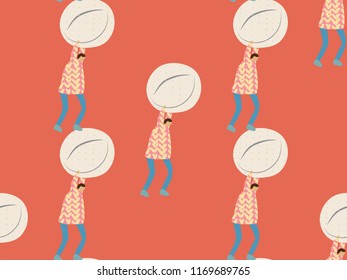 Medical people seamless pattern. Healthcare print. Eldery person with pills, syringe, needle, retort, bottle. Biology and first aid teachers. Cartoon doodle characters of doctors and medical equipment
