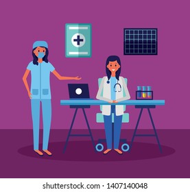medical people staff professional in the office with chemical flasks vector illustration