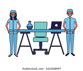 medical people staff professional in the office with flask labvector illustration
