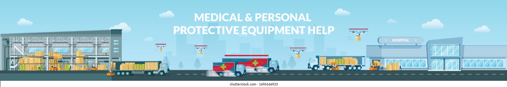 Medical and Personal Protective Equipment Help. Fast Delivering Goods from Warehouse to Supermarket Long Panoramic or Concept in Flat Design. Loaded Postal Drones and Cargo Trucks Delivering Freights