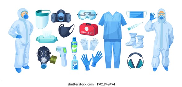 Medical personal protective equipment set. Safety medical respiratory mask, industrial safety mask, equipment from viral infection coronavirus, uniform, sanitizer, thermometer, first aid kit cartoon