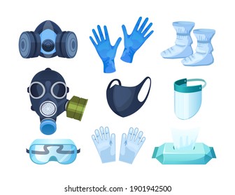 Medical personal protective equipment set. Safety medical respiratory mask, equipment from infection coronavirus, protective helmet respirator goggles protective fabric gloves shoes gas mask vector