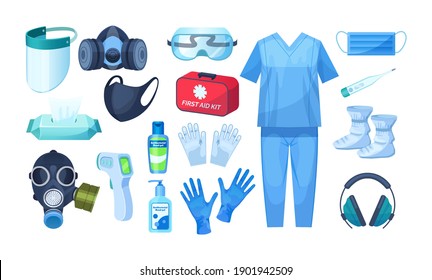 Medical personal protective equipment set. Safety medical respiratory mask, industrial safety mask, equipment from viral infection coronavirus, uniform, sanitizer, thermometer, first aid kit cartoon