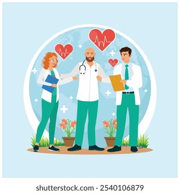 Medical personnel celebrate Health Day. Our earth our health. World Health Day concept. Flat vector illustration.