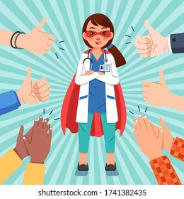 medical personnel as heroes who fight against corona and many hand giving applause vector illustration. used for poster, landing page illustration.