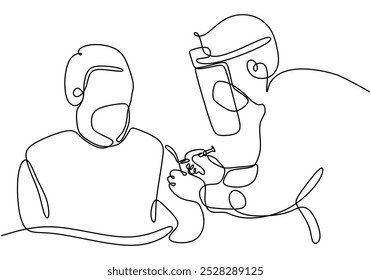 Medical personnel inject vaccine continuous line drawing. Healthcare concept. Vector illustration minimalist isolated on white background.