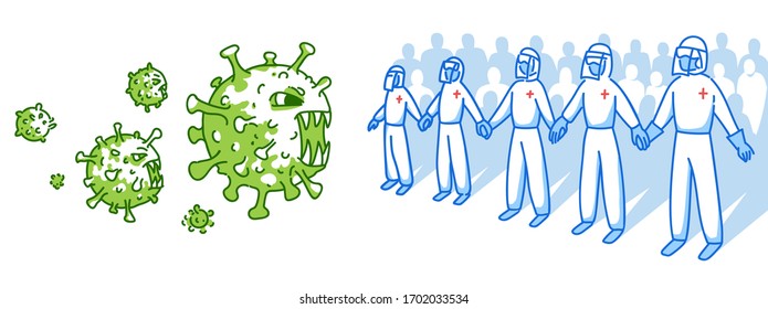 Medical personnel in protective suits, medical glasses and masks. The fight against coronavirus. Vector illustration in cartoon style. Health workers protect against the virus hand in hand