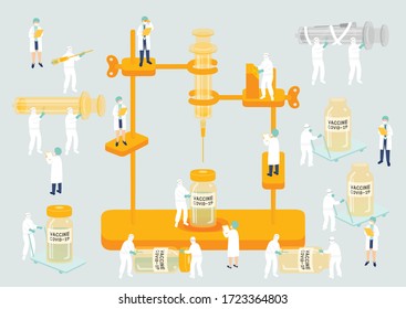 Medical Personnel Teamwork Management Manufacturing Miniature Assembly Lab Team Staff People Generate COVID-19 Vaccine, Science Laboratory Metaphor Poster Or Social Banner Vector Illustration Isolated