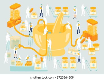 Medical Personnel Teamwork Management Manufacturing Miniature Assembly Lab Team Staff People Generate COVID-19 Medicine Science Laboratory Metaphor Poster Or Social Banner Vector Illustration Isolated