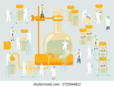 Medical Personnel Teamwork Management Manufacturing Miniature Assembly Lab Team Staff People Generate COVID-19 Vaccine, Science Laboratory Metaphor Poster Or Social Banner Vector Illustration Isolated