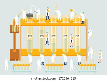 Medical Personnel Teamwork Management Manufacturing Miniature Assembly Lab Team Staff People Generate COVID-19 Vaccine, Science Laboratory Metaphor Poster Or Social Banner Vector Illustration Isolated