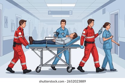 Pessoal médico de uniforme, incluindo paramédicos e enfermeiros, está levando um paciente em uma maca através de um corredor do hospital.