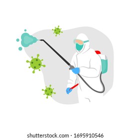 Medical Personnel Wearing Hazmat Suit and Spraying Disinfectant - Vector Flat Design Illustration : Suitable for People Theme, Health / Medical Theme, Infographics and Other Graphic Related Assets.