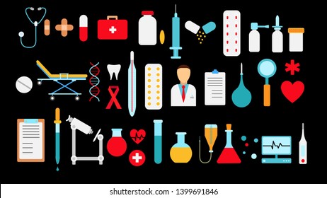Medical pharmaceutical big set of medical items, equipment, icons on a black background: pills thermometers capsules flasks medications first aid kit heart microscope. Vector illustration