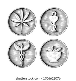 Medizinische, pharmazeutische und Cannabis-Symbole, handgezeichnet in Münzfarbe, schwarz-weiß, Clipkunst einzeln auf weißem Hintergrund