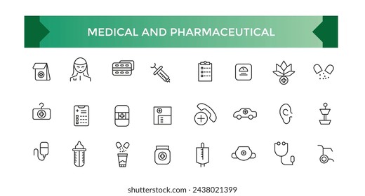 Medical and Pharmaceutical icon set. Collection of high quality black outline logo for web site design and mobile apps. Outline symbol collection.