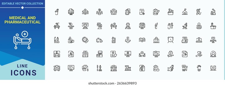 Medical and Pharmaceutical icon set. Pack of health, pharmaceutical, disease, pharmacy, care, drug, aid and more. Care icon collection. Minimalist icons pack. Editable stroke vector art.