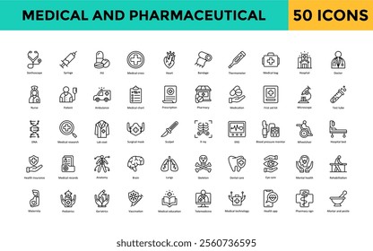 Medical and Pharmaceutical icon set with stethoscope, syringe, pill, medical cross, heart, bandage, thermometer, medical bag, hospital, doctor icon. Simple line vector 