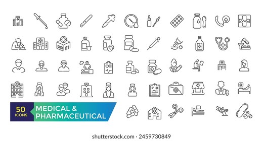 Medical and Pharmaceutical icons. Doctor, research, chemistry testing lab icons.