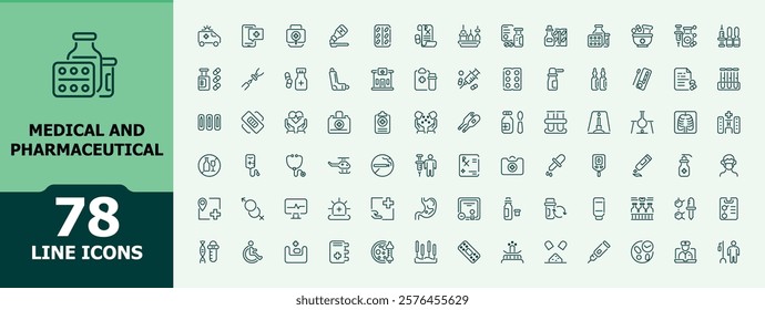 Medical And Pharmaceutical icons set. Related to syringe, vaccine, health, research, medical, pharmacy, treatment, care. Web icons. Editable stroke.