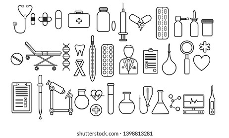 Medical pharmaceutical large set of medical items of simple black and white icons on a white background: pills, thermometers, doctor, capsules, flasks, medicines, first aid kit. Vector illustration