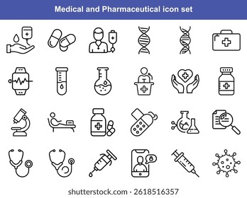 Medical Pharmaceutical Line Icons Vector Graphic Set
