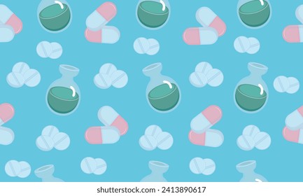 Medical pharmaceutical pattern: medicament, medical tablets, capsules. Design for packaging, fabrics, wallpaper, fashion and various prints. Healthcare concept, vector illustration.