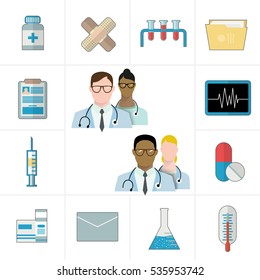 Medical and pharmaceutical or pharma icons. Thermometer, tablets and pills, drug, cardiogram, syringe, folder and documents. Vector illustration flat style. Avatars doctors, different races.