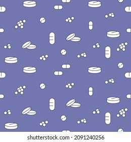 Medical and pharmaceutical seamless pattern in a trending very peri background. Vector illustration of tablets, pills, capsules, granules. Color of the year 2022.