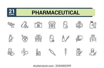 Medical and Pharmaceutical vector line icon set. Containing chemistry, care, pain, dose, vitamin, aid and more. Outline icon collections. Editable vector stroke.