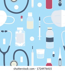 Medical, pharmaceuticals seamless pattern. Vector illustration. Medicine elements equipment. Treatment pill, drugs, capsules, syringe, thermometer, stethoscope, medical mask