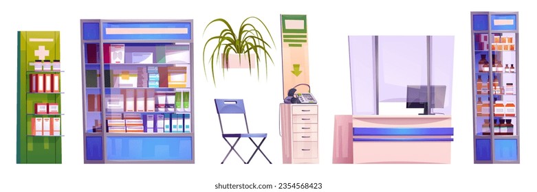 Medical pharmacy counter store interior vector illustration. Shelves in drugstore with medicine, drug and vitamin. Modern healthcare clinic service for sale drugs and cardiograph device equipment