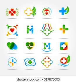 Medical pharmacy and health care logo design, icons set. Isolated vector illustrations