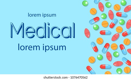 Medical and pharmacy horizontal banner vector illustration. Flat icons of colorful pills drugs capsules in right side. Place for text. Isolated on light blue background