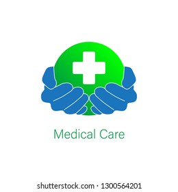 Medical Pharmacy icon logo vector graphic template design. Hands holding sphere with cross aid logo.