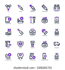 Medical and Pharmacy icon pack for your website, mobile, presentation, and logo design. Medical and Pharmacy icon mixed line and solid design. Vector graphics illustration and editable stroke.