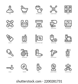 Medical and Pharmacy icon pack for your website, mobile, presentation, and logo design. Medical and Pharmacy icon outline design. Vector graphics illustration and editable stroke.