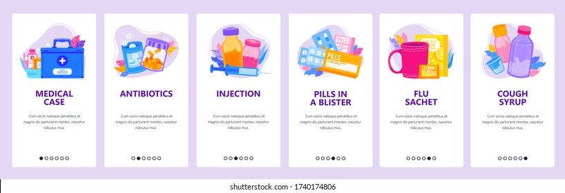 Medical and pharmacy icon set. First aid case, drugs, antibiotics, pills, syrup bottle. Mobile app screens. Vector banner template for website and mobile development. Web site design illustration.