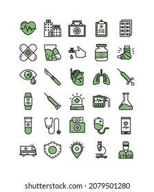 conjunto de iconos médico o farmacéutico, color verde y forma simple, trazo editable, mejor utilizado para web o aplicación, ilustración vectorial EPS 10 Formato de archivo