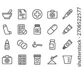 Medical and pharmacy line icon set. Vector illustrations of drugs, medication bottles, pills, first aid kit, thermometer, and prescription symbols in a clean black outline style.